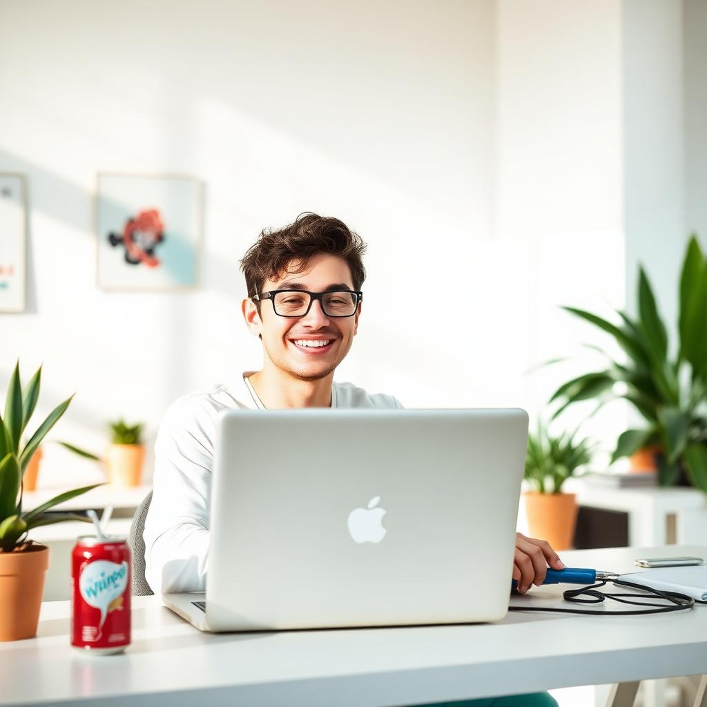A smiling developer working at a laptop in a bright studio